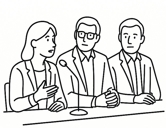 Panel speaker with other panelists observing